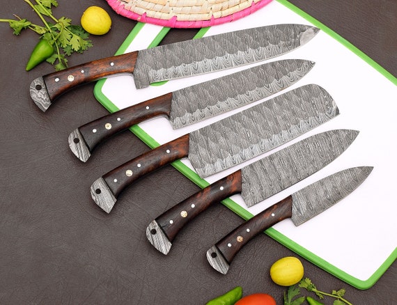 Handmade Damascus Chef Knife Set 5 Pcs,damascus Chef Set,hand Forged Knives,hand  Forged Knives,anniversary & Birthday Gift for Men,knives 