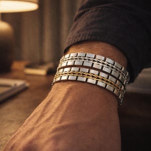 May include: A selection of silver and gold bracelets. The bracelets, made of rectangular links, are stacked on a wrist. The bracelets combine silver and gold tones, creating a stylish accessory. The wrist is visible.