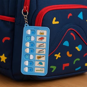 Könnte beinhalten: Ein blauer Rucksack mit rotem Besatz und bunten geometrischen Mustern. Ein blaues und weißes Checklisten-Etikett ist mit einer silbernen Kette am Rucksack befestigt. Das Checklisten-Etikett enthält Symbole für ein Buch, Bleistifte, eine Gitarre, einen Hut und eine Zahnbürste.