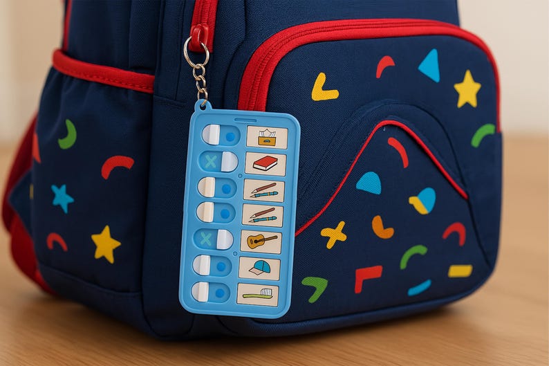 May include: A blue backpack with a red trim and colorful geometric patterns. A blue and white checklist tag is attached to the backpack with a silver chain. The checklist tag has icons for a book, pencils, a guitar, a hat, and a toothbrush.