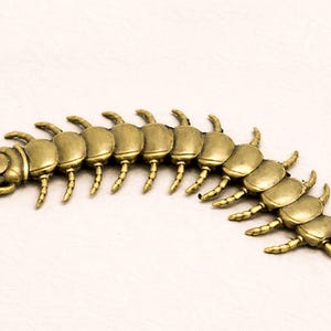 May include: A brass-colored centipede sculpture with segmented body and multiple legs. The sculpture has a detailed, realistic design and is positioned on a white surface. The centipede's body curves slightly.