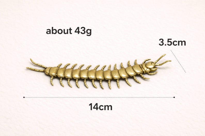 May include: A detailed, antique gold-colored centipede figurine, approximately 5.5 inches long and 1.4 inches wide, weighing about 1.5 ounces. The insect-like sculpture has multiple legs and antennae, and is a decorative item.