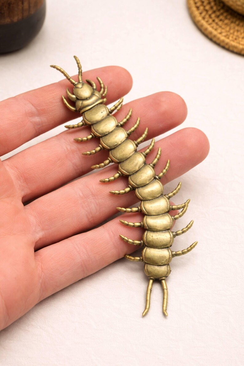 May include: A detailed brass centipede figurine. The segmented body and multiple legs are clearly visible. The insect-like sculpture is a golden color and appears to be made of metal. The figurine is held in a hand.