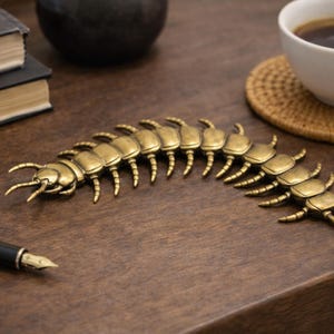 May include: A brass-colored centipede sculpture rests on a wooden surface, near a black pen and a cup of coffee. The detailed insect has multiple segments and legs, and is a decorative item.