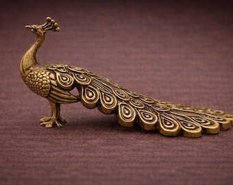 Figura de pavo real, estatua de pájaro de latón, decoración vintage de pavo real, adorno de cola larga