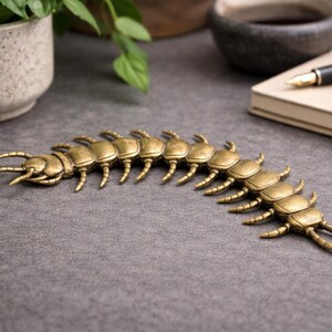May include: A detailed, brass-colored centipede sculpture. The segmented body features multiple pairs of legs and antennae. The decorative piece is displayed on a gray surface, suggesting a desk or table setting.