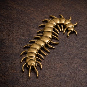 May include: A detailed, antique-style brass centipede figurine. The insect is depicted with segmented body and multiple legs, with a slightly curved posture. The metallic finish gives it a vintage look, set against a dark brown background.