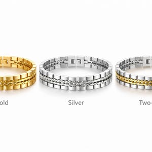 May include: Three metal bracelets in gold, silver, and two-tone designs. Each bracelet features a rectangular link chain with a central braided detail. The gold bracelet is on the left, the silver in the middle, and the two-tone on the right.