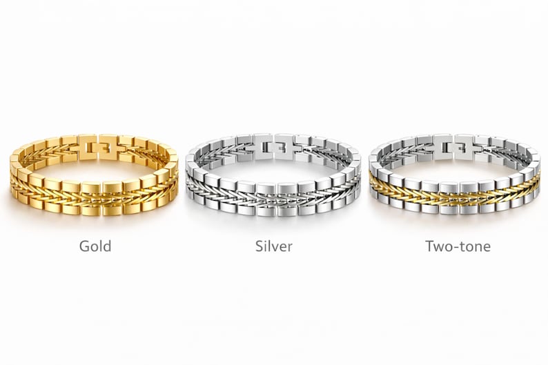 May include: Three metal bracelets in gold, silver, and two-tone designs. Each bracelet features a rectangular link chain with a central braided detail. The gold bracelet is on the left, the silver in the middle, and the two-tone on the right.