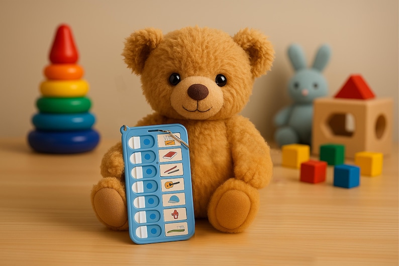 May include: A brown teddy bear holding a blue plastic communication board with various images and text. The board has a ring attached to it. The bear is sitting on a wooden surface with other toys in the background.