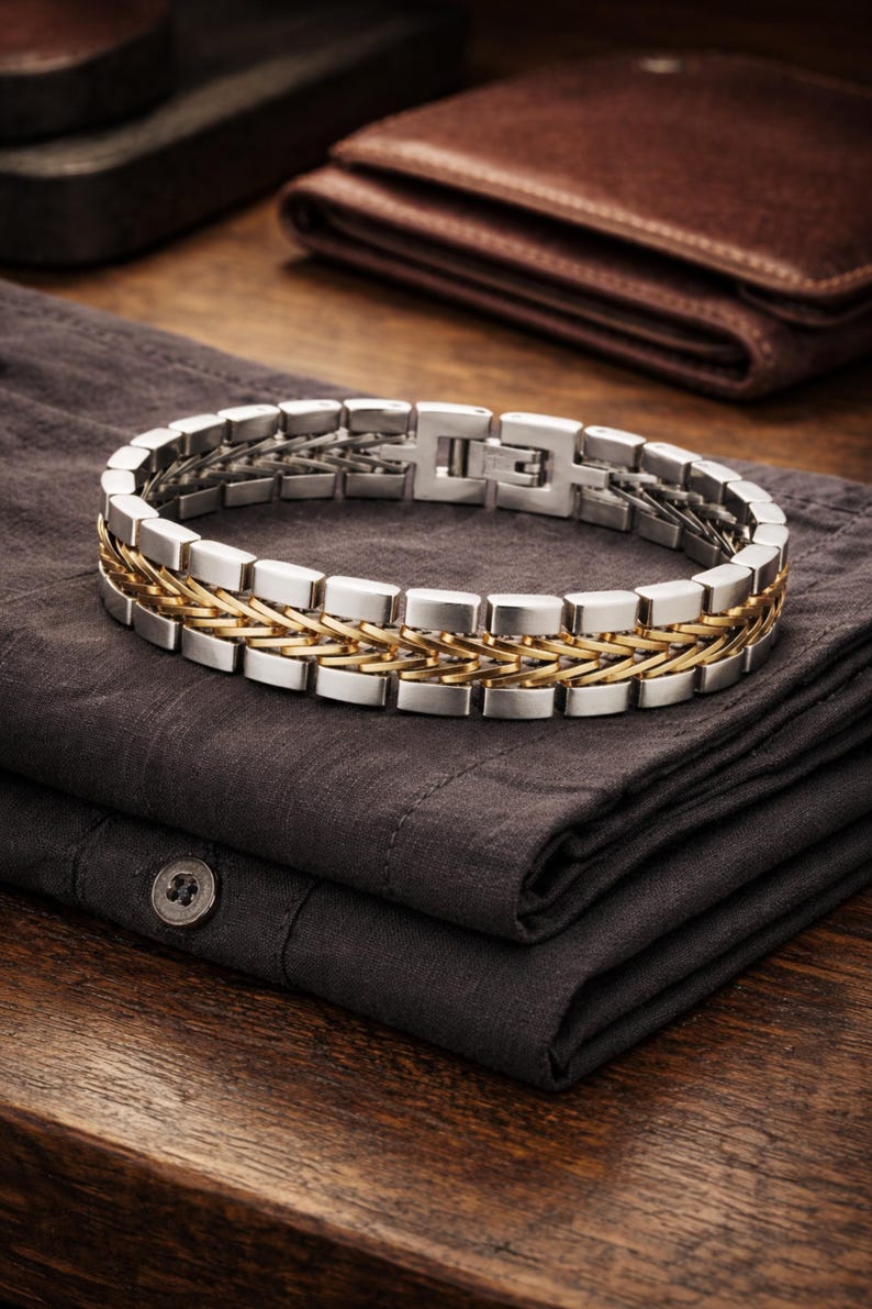 May include: A silver and gold-tone bracelet with a rectangular link design. The bracelet features a woven gold-tone centre section and a silver-tone clasp. The jewellery is displayed on a dark grey shirt, with a brown leather wallet in the background.