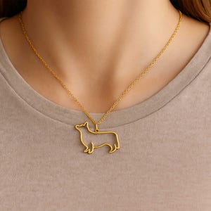 Corgi Dog Necklace Gold - Wire Outline Pet Pendant - Stainless Steel Jewelry - Minimalist Corgi Lover Gift for Women Men