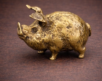 Figura de cerdo de latón, mini estatua de animal, estante de escritorio vintage, decoración del hogar