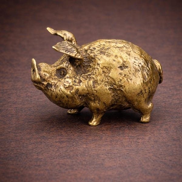Brass Pig Figurine Mini Animal Statue Vintage Desk Shelf Home Decor
