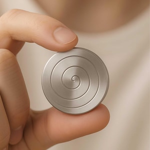 以下が含まれることがあります： 小さな円形の銀色の金属製のオブジェクトで、スパイラルデザインが施されています。オブジェクトは2本の指の間に挟まれ、複雑な同心円模様が際立っています。フィジェットおもちゃまたは装飾品のように見えます。