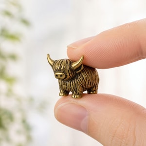 Puede incluir: Una figura en miniatura de latón que representa una vaca Highland con pelaje texturizado, cuernos curvados y un hocico detallado. La pequeña escultura de metal está fundida en un tono marrón dorado con áreas oscuras que resaltan el pelaje.