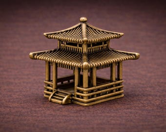 Pagoda Figurine, Brass Temple Statue, Zen Shelf Decor, Bonsai Pavilion Ornament
