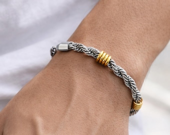 Pulsera de cadena de cuerda de dos tonos para hombre, eslabón cubano de acero inoxidable