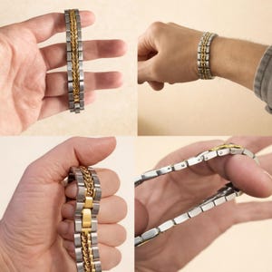 May include: A silver and gold-toned bracelet with a braided gold centre and silver links. The bracelet is shown in multiple views, including on a wrist and held in a hand. The bracelet appears to be made of metal.