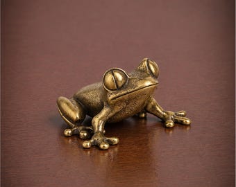 Brass Frog Figurine Mini Animal Statue Vintage Desk Shelf Home Decor