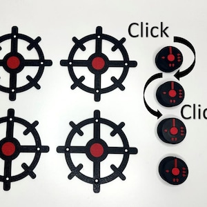 May include: Four black and red ship wheel-shaped stove knob covers with a textured finish. To the right, four round black and red control knobs are shown in a vertical sequence with curved arrows and the text Click to indicate rotation.