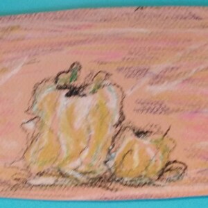 May include: A hand-drawn illustration of two yellow bell peppers on a peach-colored background. The drawing is done in pastel and has a soft, dreamy feel. The artist's signature, "DL 21", is visible in the bottom right corner.