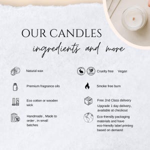 Peut inclure: Une bougie blanche avec une m&egrave;che en bois dans un pot en verre. L'image comprend du texte qui dit "OUR CANDLES ingredients and more" et liste les ingr&eacute;dients et les caract&eacute;ristiques des bougies, y compris la cire naturelle, les huiles parfum&eacute;es de qualit&eacute; sup&eacute;rieure, les emballages &eacute;cologiques et la livraison gratuite en 2e classe.
