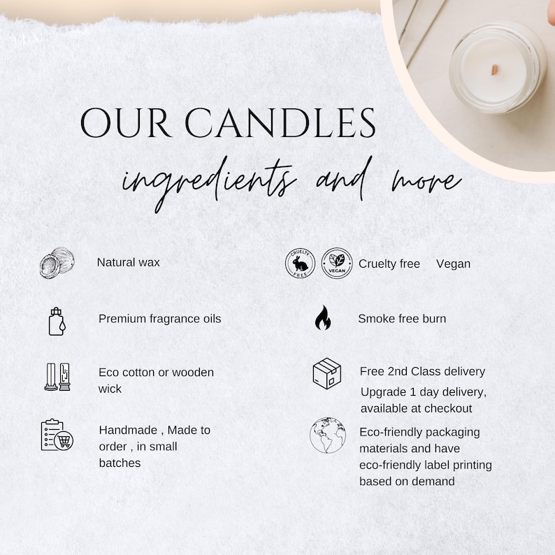 Peut inclure: Une bougie blanche avec une m&egrave;che en bois dans un pot en verre. L'image comprend du texte qui dit "OUR CANDLES ingredients and more" et liste les ingr&eacute;dients et les caract&eacute;ristiques des bougies, y compris la cire naturelle, les huiles parfum&eacute;es de qualit&eacute; sup&eacute;rieure, les emballages &eacute;cologiques et la livraison gratuite en 2e classe.