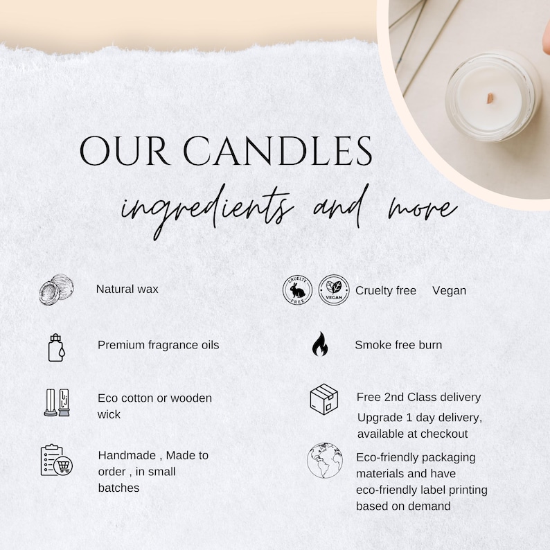 May include: An informational graphic titled OUR CANDLES ingredients and more, featuring icons and text for natural wax, fragrance oils, cotton or wooden wicks, handmade production, cruelty-free, vegan, smoke-free burn, and eco-friendly packaging.