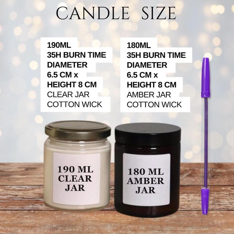 May include: Two scented candles in glass jars with labels, one clear and one amber. The clear jar holds 190 ml, and the amber jar holds 180 ml. Both have a 35-hour burn time, a diameter of 6.5 cm, and a height of 8 cm. A purple pen is next to the candles.
