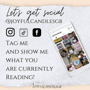 May include: A social media graphic with the text "Let's get social @JOYFULCANDLESGB" and icons for Instagram, TikTok, and Facebook. The graphic also includes a screenshot of a phone showing a grid of images of candles and other products.