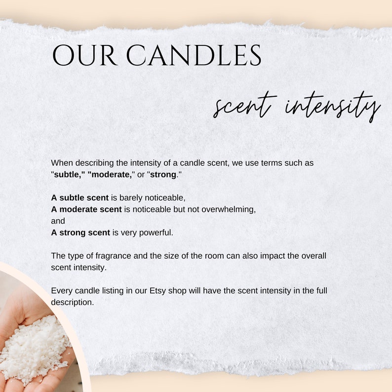 May include: Text on a white background explaining the different scent intensities of candles. The text uses the terms "subtle", "moderate", and "strong" to describe the intensity of the scent.