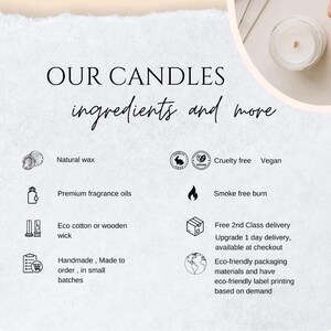 May include: Image showcasing candle ingredients and features. Text reads "OUR CANDLES ingredients and more." Highlights include natural wax, premium fragrance oils, eco cotton or wooden wick, handmade, cruelty-free, vegan, and smoke-free burn.