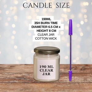 May include: A clear glass jar candle with a silver lid, labeled "190 ML CLEAR JAR." The candle's dimensions are: 6.5 cm diameter, 8 cm height. The text on the image also states the candle has a 35-hour burn time and a cotton wick.