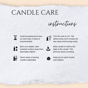 May include: A cream-colored paper with the words "CANDLE CARE" and "instructions" in black. The image includes candle care tips with icons, such as trimming the wick to 1/4 inch and keeping candles away from pets and children.
