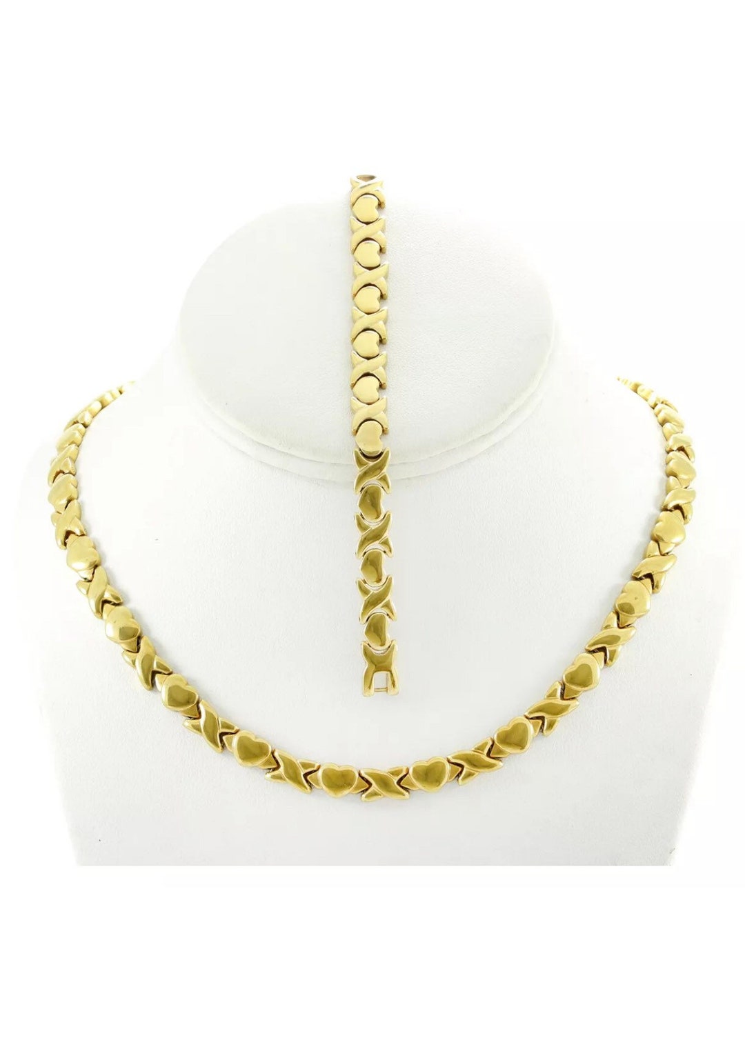 14K Gold Tone Love Hugs Kisses Necklace Bracelet Set Stainless Steel 18