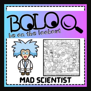 Un científico loco - Laboratorio de ciencias - BOLO - Esté atento, objetos ocultos, imágenes, página para colorear