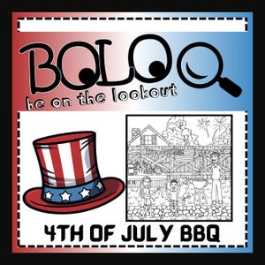 May include: A black and white illustration of a 4th of July BBQ scene with a red, white, and blue Uncle Sam hat. The text "BOLO be on the lookout" and "4th of July BBQ" are also included in the image.