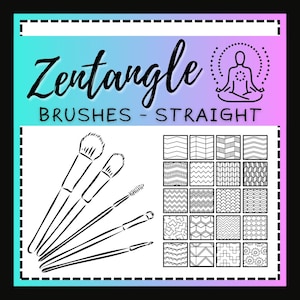 May include: Black and white illustration featuring the text "Zentangle BRUSHES - STRAIGHT". The image includes four makeup brushes and a grid of 16 patterned squares. A meditating figure is also present.