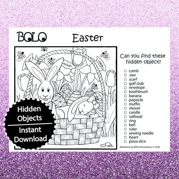 Easter Bunny Basket - BOLO - Be on the look out, Hidden Objects, Pictures, Coloring Page, Activity