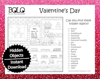 Valentine's Day Bakery - BOLO - Be on the look out, Hidden Objects, Pictures, Dessert Coloring Page, Puzzle, Hide and Seek, I spy