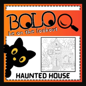 May include: A black and white illustration of a haunted house with a ghost, a cat, and a sign that says "Beware". The image is part of a "Be on the Lookout" game called "BOLO" and is labeled "Haunted House".