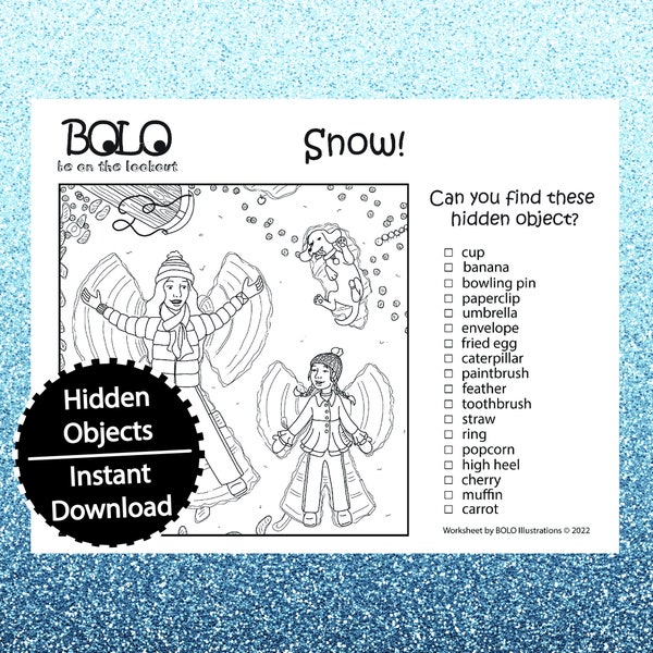 Hidden Objects - Snow Angels - BOLO - Be on the look out, Hide and Seek, Pictures, Coloring Page, Winter Activity
