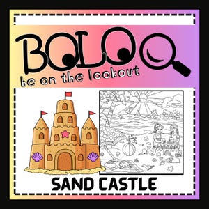 May include: A black and white illustration of a beach scene with a sandcastle, palm trees, and two people. The text "Be on the lookout" and "Sand Castle" are also included in the image.