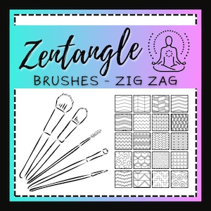 Puede incluir: Elementos de diseño Zentangle en blanco y negro. La imagen presenta pinceles de maquillaje y una colección de cuadrados estampados. El texto dice "Zentangle BRUSHES - ZIG ZAG" con un icono de figura meditando.