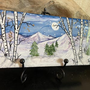 New! Snowy Mountain Landscape hand painted alcohol ink on 3x6” ceramic art tile. Easel included