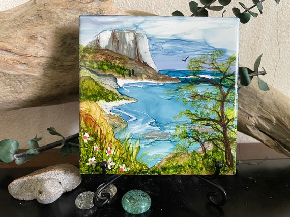 Big Sur. Alcohol Ink Hand Painted on 4x4 Ceramic Tile, Epoxy Resined and  Cork Backed. Easel Included. Table Top or Wall Art. 