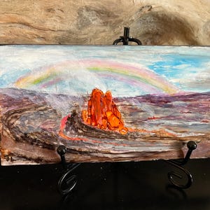 Hawaii, Kilauea Volcano Rainbow eruption.  Original Alcohol Ink Painting on Ceramic Tile (3x6 inch).