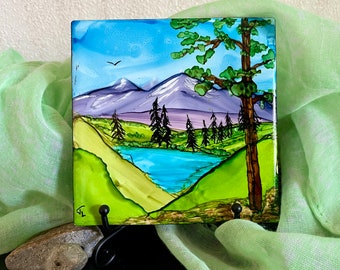 NEW!  Summer Mountain Lake. Original Alcohol Ink Painting on 4x4” Ceramic Tile, epoxy resined. Easel included.