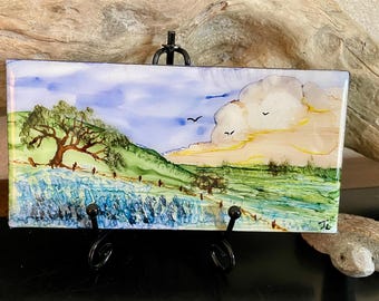 Texas Hill Country Bluebonnets Alcohol  Ink Painting on Ceramic Tile with Easel (3x6 inch)